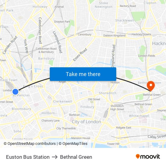 Euston Bus Station to Bethnal Green map