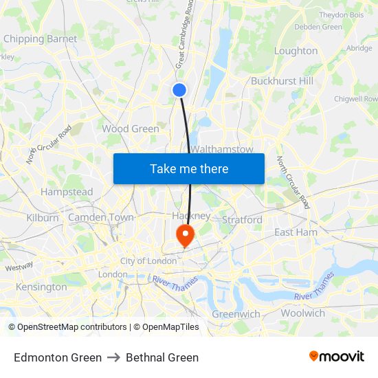 Edmonton Green to Bethnal Green map