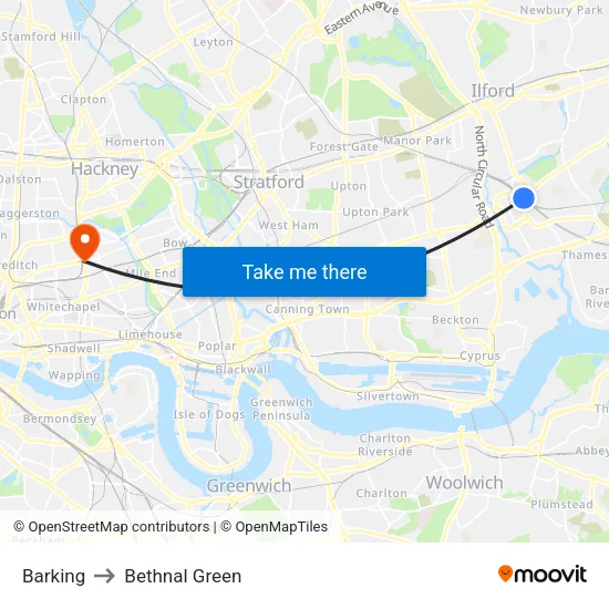Barking to Bethnal Green map