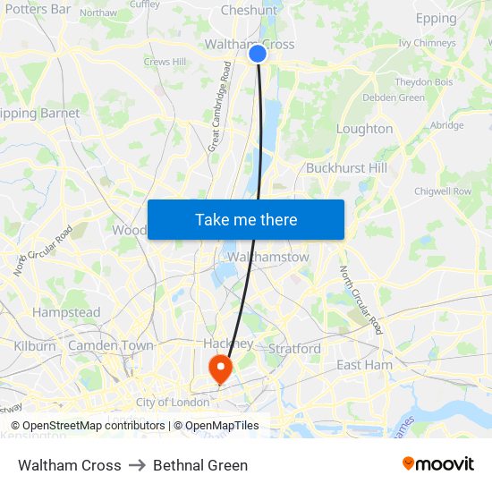 Waltham Cross to Bethnal Green map