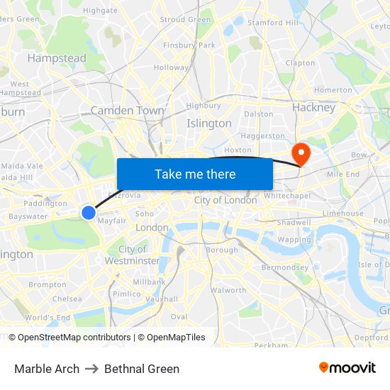 Marble Arch to Bethnal Green map