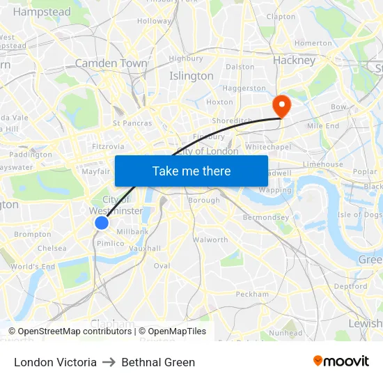London Victoria to Bethnal Green map