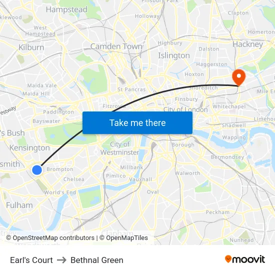 Earl's Court to Bethnal Green map
