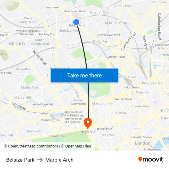 Belsize Park to Marble Arch map