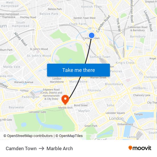 Camden Town to Marble Arch map