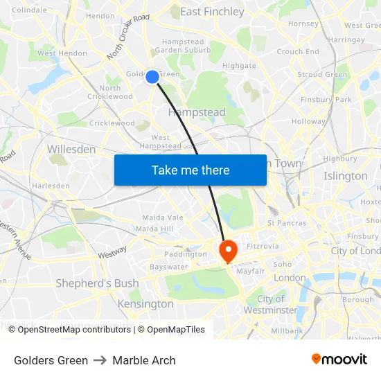 Golders Green to Marble Arch map