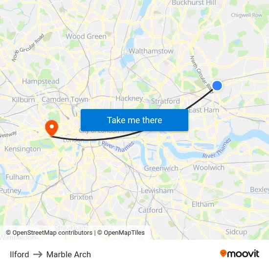 Ilford to Marble Arch map