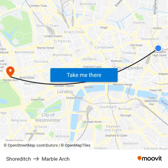 Shoreditch to Marble Arch map
