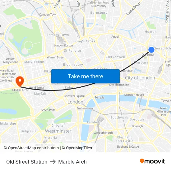 Old Street Station to Marble Arch map