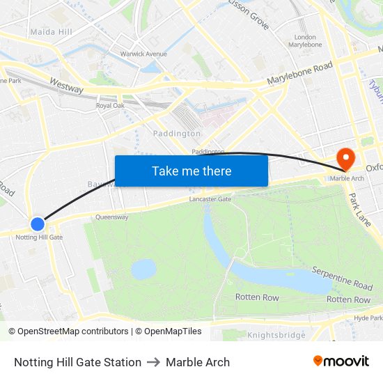 Notting Hill Gate Station to Marble Arch map