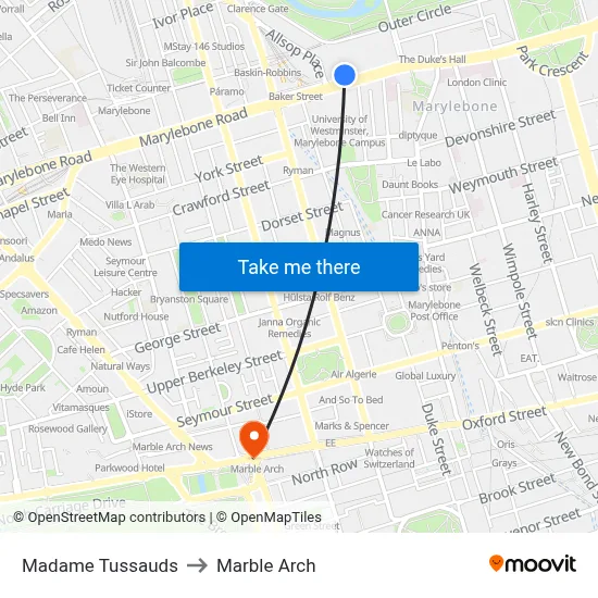 Madame Tussauds to Marble Arch map