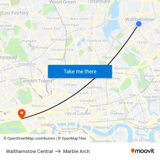 Walthamstow Central to Marble Arch map