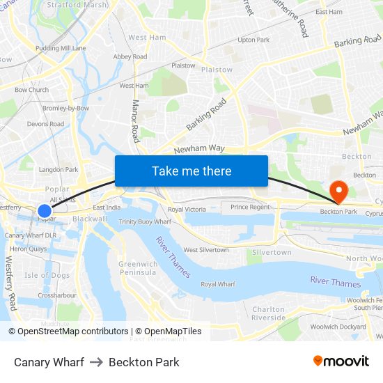 Canary Wharf to Beckton Park map