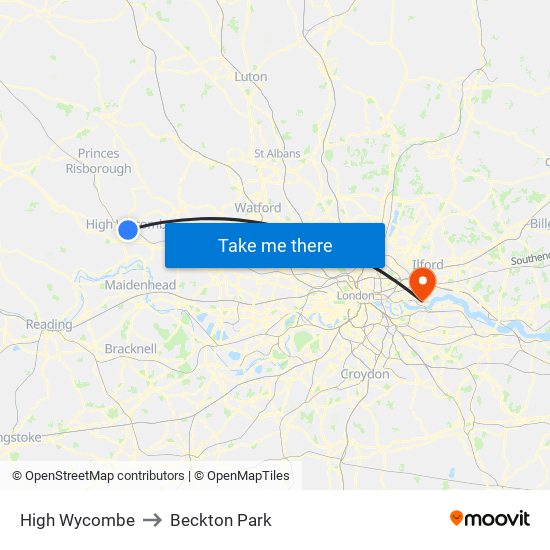 High Wycombe to Beckton Park map