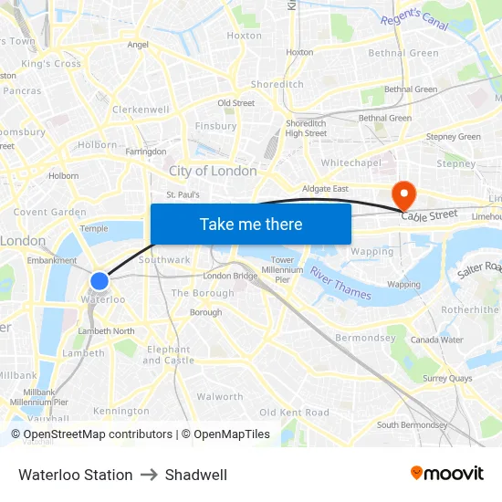 Waterloo Station to Shadwell map
