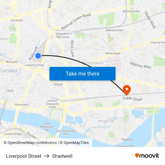 Liverpool Street to Shadwell map