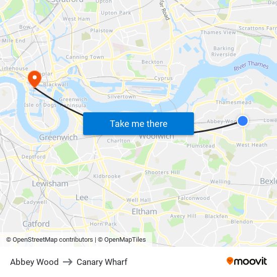 Abbey Wood to Canary Wharf map