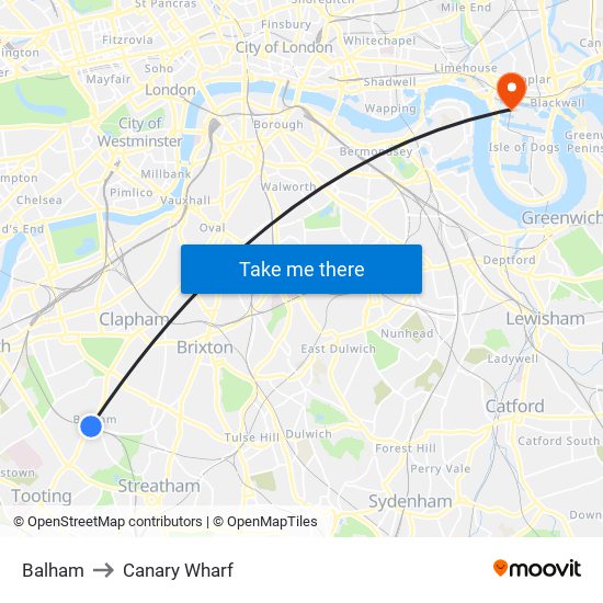 Balham to Canary Wharf map