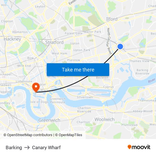 Barking to Canary Wharf map