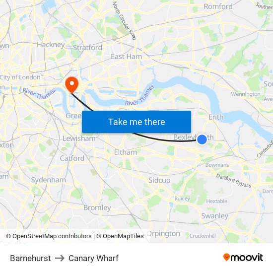 Barnehurst to Canary Wharf map