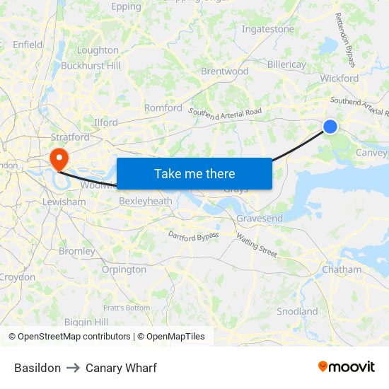 Basildon to Canary Wharf map