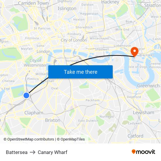 Battersea to Canary Wharf map