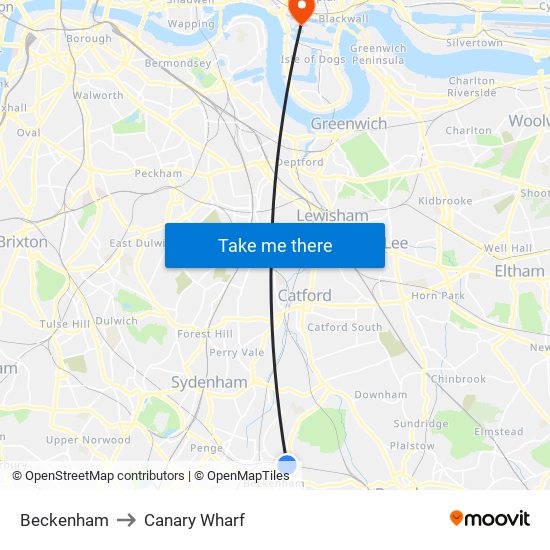 Beckenham to Canary Wharf map