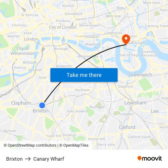 Brixton to Canary Wharf map