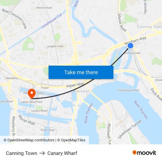 Canning Town to Canary Wharf map