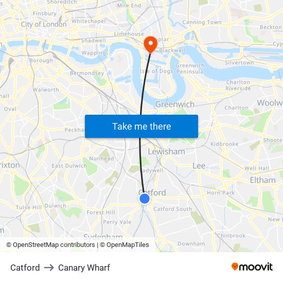 Catford to Canary Wharf map