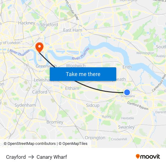 Crayford to Canary Wharf map