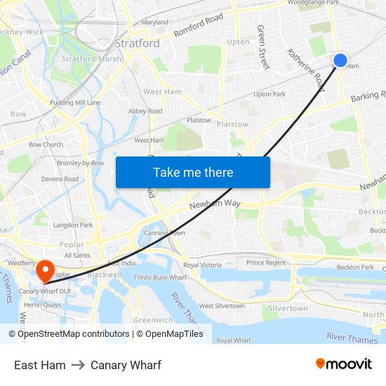 East Ham to Canary Wharf map