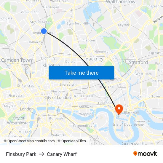 Finsbury Park to Canary Wharf map