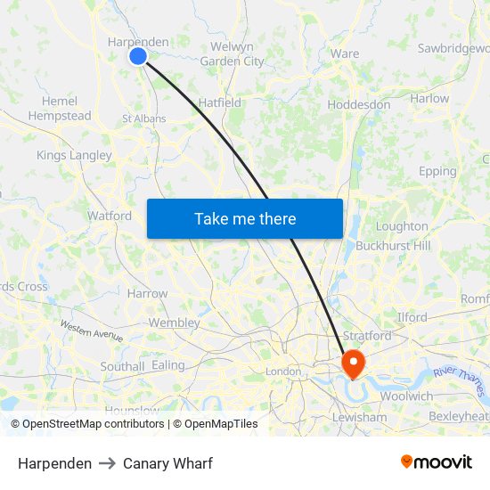 Harpenden to Canary Wharf map