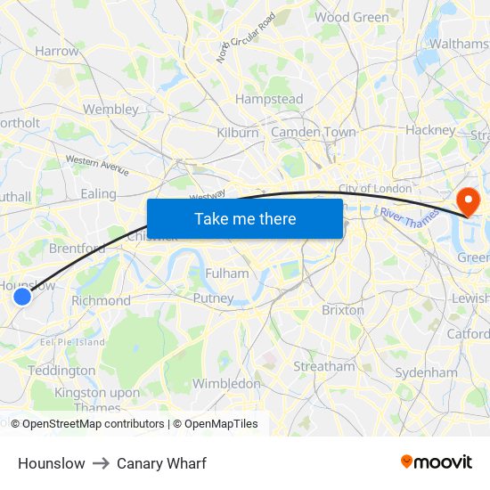 Hounslow to Canary Wharf map