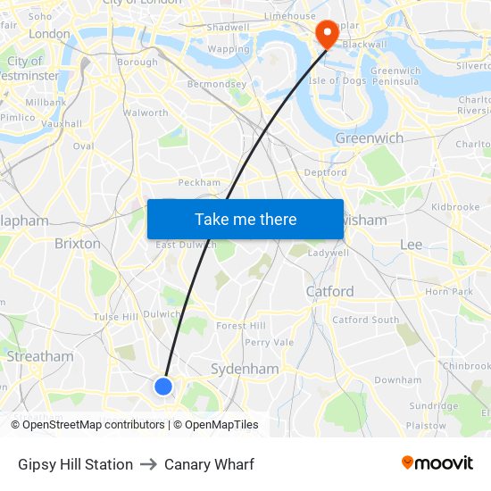 Gipsy Hill Station to Canary Wharf map