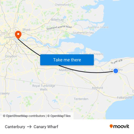 Canterbury to Canary Wharf map