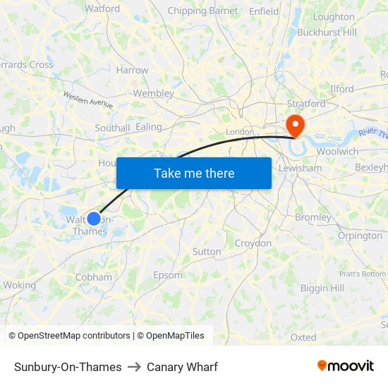 Sunbury-On-Thames to Canary Wharf map