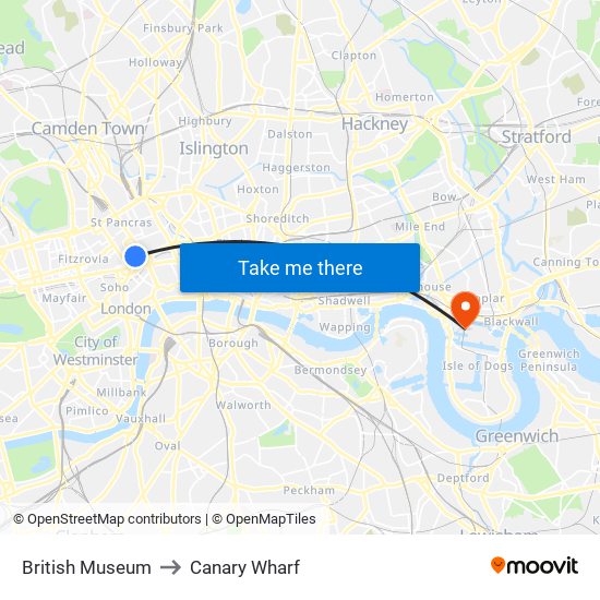 British Museum to Canary Wharf map