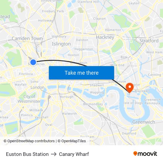 Euston Bus Station to Canary Wharf map