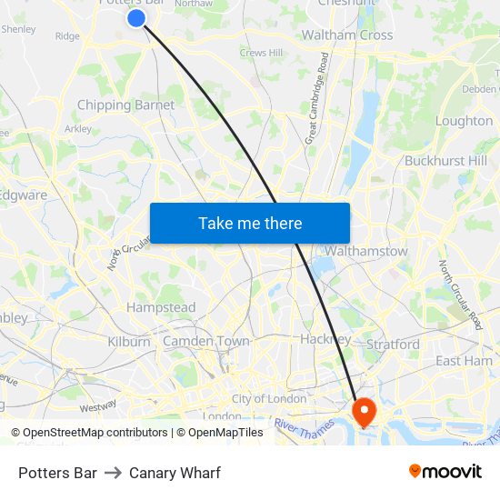 Potters Bar to Canary Wharf map