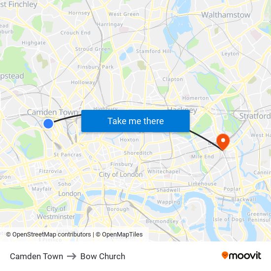 Camden Town to Bow Church map