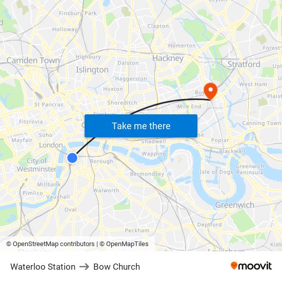 Waterloo Station to Bow Church map