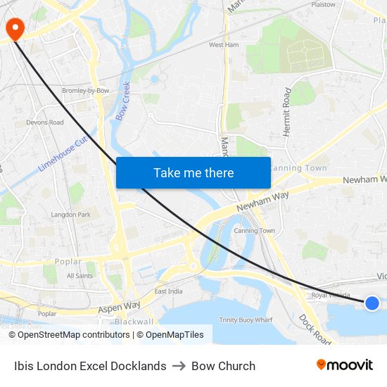 Ibis London Excel Docklands to Bow Church map