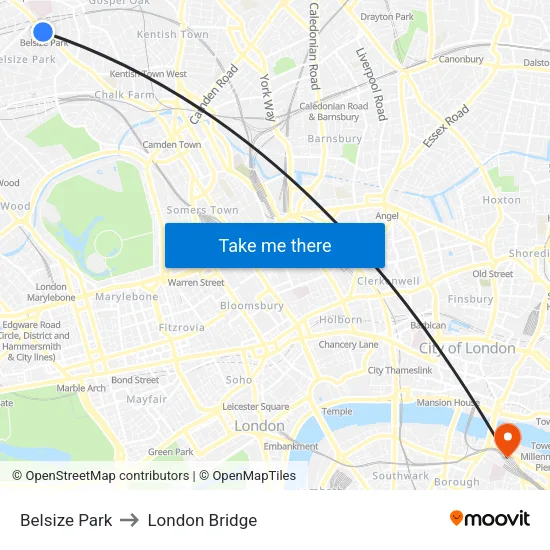 Belsize Park to London Bridge map
