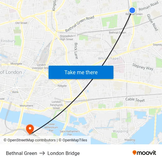 Bethnal Green to London Bridge map