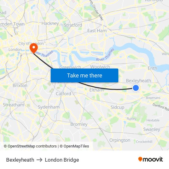 Bexleyheath to London Bridge map