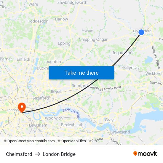 Chelmsford to London Bridge map