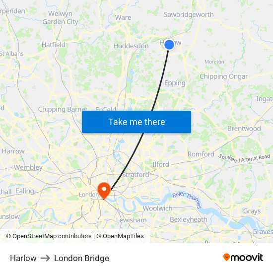 Harlow to London Bridge map