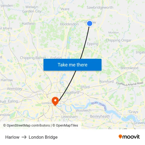 Harlow to London Bridge map